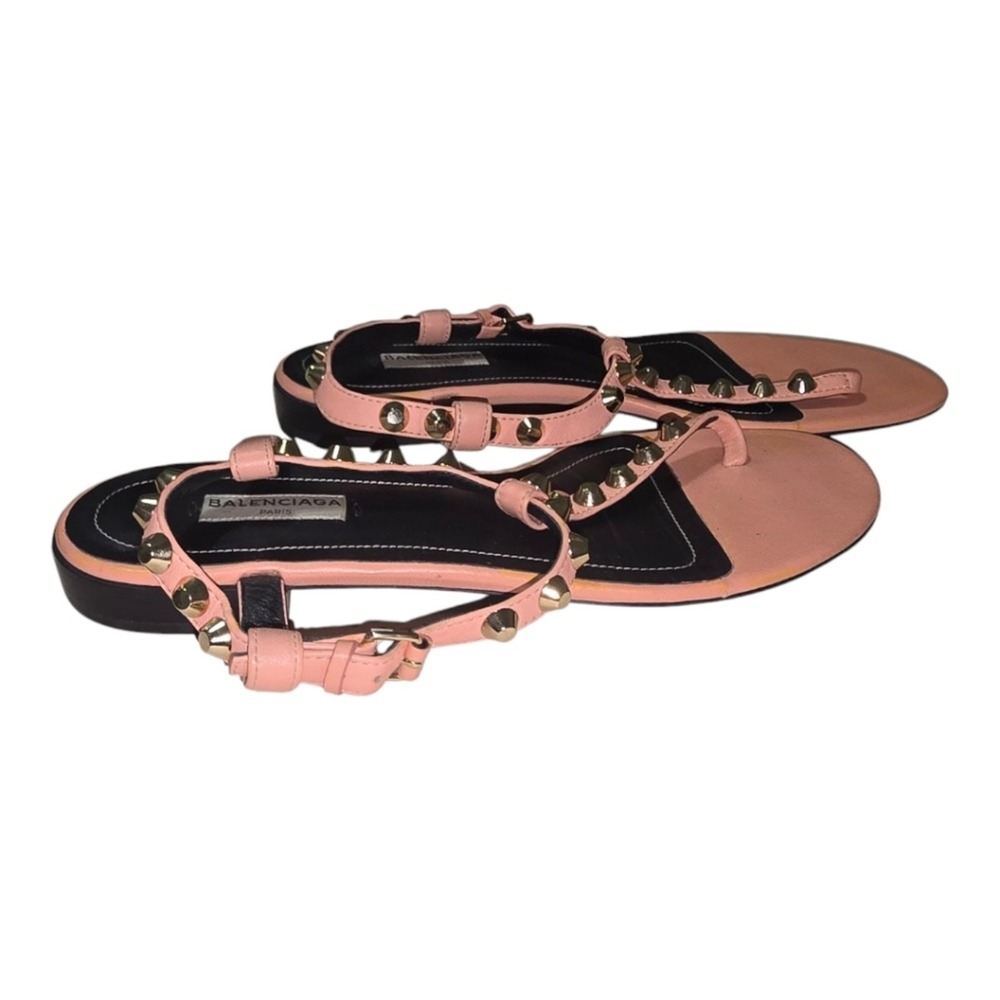BALENCIAGA PINK leather thong SANDALS 37.5 7 flat slide ROCKSTUD ANKLe star STud - Picture 11 of 16
